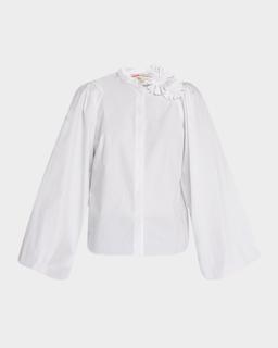 Flower Pin Balloon-Sleeve Cotton Blouse