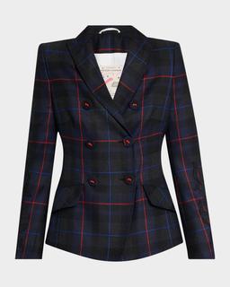 Embroidered-Sleeve Plaid Double-Breasted Jacket