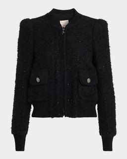 Paillette Tweed Bomber Jacket With Metallic Knit Back