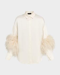 Satin Button-Down Blouse With Feather Trim