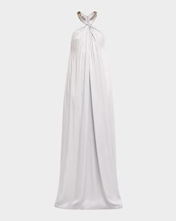 Ball-Collar Satin Halter Gown