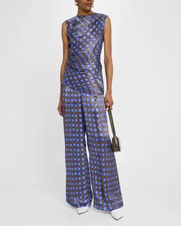 Wiggle Dot Pleated Wide-Leg Satin Trousers