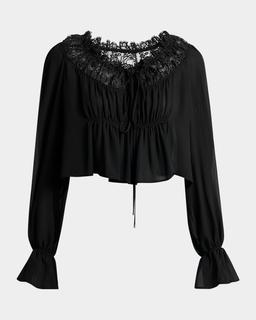 Ruched Lace Silk Peasant Blouse