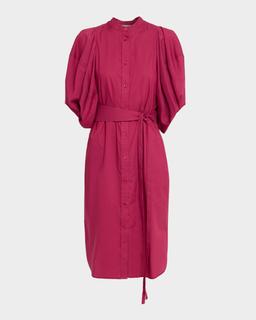 Floral Belted Blouson-Sleeve Shirtdress