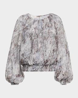 Gathered Splatter-Print Plisse Blouse