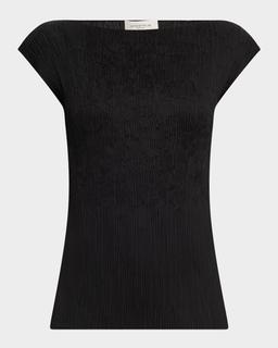 Cap-Sleeve Embroidered Plisse Blouse