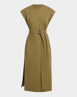 Belted Cap-Sleeve Cotton Twill Midi Shirtdress