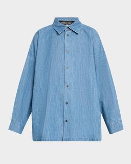 Angled-To-Front Side Seam Denim Shirt With Collar (Long Length)