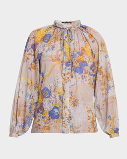 Janice Ruffled Tie-Neck Floral Cotton Blouse