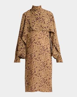 Orchid Print Silk Cape Midi Dress