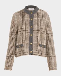 Cashmere-Mohair Paillette Check Jacquard Cardigan