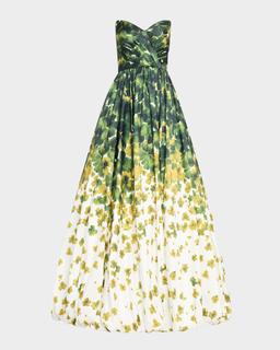 Strapless Floral-Print Ball Gown with Shawl