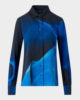 Alysons Cyanotype Print Silk Button-Down Blouse