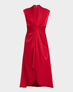 Sleeveless Pleated Twist-Front Midi Dress