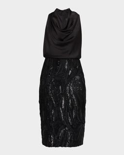 Sequin-Embroidered Cowl Midi Dress