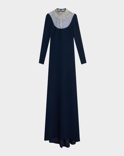 Crystal Beaded Crepe Long-Sleeve Illusion Gown