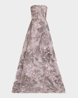 Strapless Floral Raffia Embroidered Gown