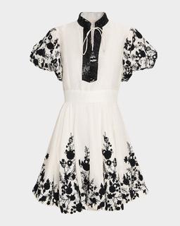 Dori Embroidered Organza Puff-Sleeve Mini Dress