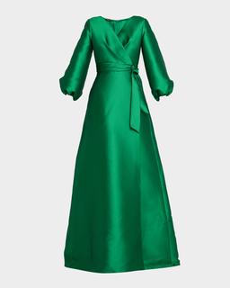 Bishop-Sleeve Mikado Pique Wrap Gown