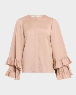 Soft Stripes Ruffle Viscose-Silk Blouse