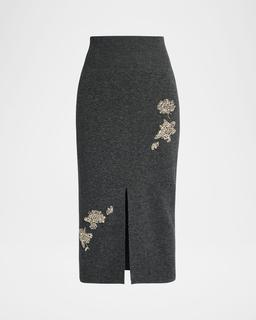 Crystal Embroidered Knit Midi Pencil Skirt