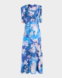 Floral-Print Draped Sleeveless Midi Dress