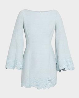 Flared Embroidered Long-Sleeve Cotton Tweed Dress