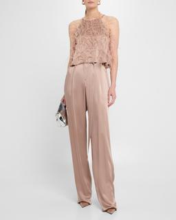 Pleated Straight-Leg Satin Pants With Belt