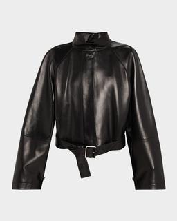 High-Neck Leather Belted Crop Trench Jacket