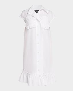 Ruffle Bust Cap-Sleeve Cotton Shirtdress