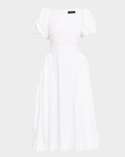 Bow Puff-Sleeve Fit-&-Flare Midi Dress