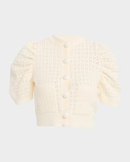 Pointelle Knit Puff-Sleeve Crop Cardigan