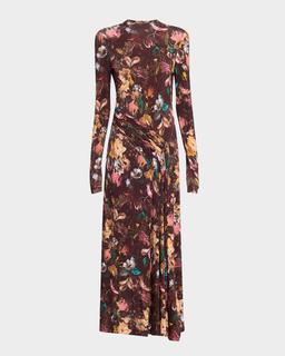 Floral Long-Sleeve Draped Ankle Dress