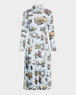 Scenic Toile Silk Twill Pleated Midi Shirtdress With Belt