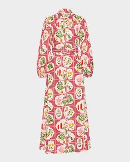 Noddy Belted Tile-Print Linen Maxi Shirtdress