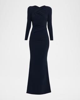 Cadet Draped Long-Sleeve Trumpet Gown