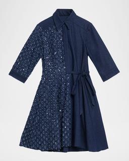 Paillette Distressed Denim Mini Shirtdress