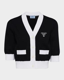 Short-Sleeve Cropped Contrast-Trim Cardigan