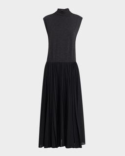 Mixed-Media Pleated Gauze Midi T-Shirt Dress