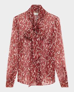 Semi-Sheer Printed Tie Neck Blouse