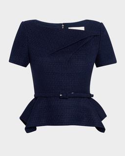 Asymmetric Twist Boucle Belted Peplum Top