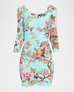 Ruched 3/4-Sleeve Mini Dress