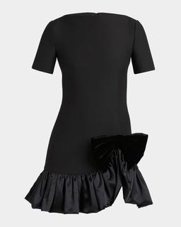 Velvet Bow Ruffle Short-Sleeve Mini Dress