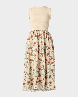 Roberta Smocked Floral-Embroidered Midi Dress