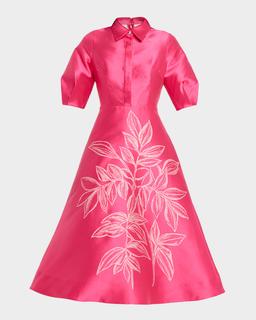 Puff-Sleeve Gazar Midi Shirtdress