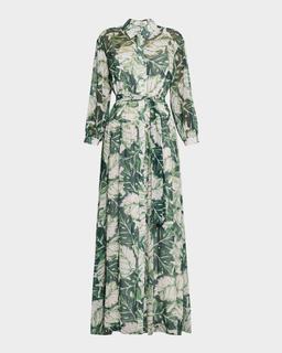 Botanical-Print Chiffon Shirt Gown