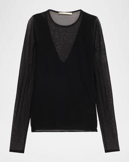 V-Neck Long-Sleeve Sheer Knit Top
