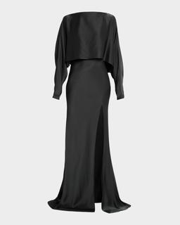 Dolman-Sleeve Satin Cape Gown