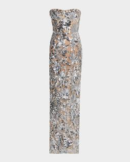 Dahlia Strapless Floral Sequin Column Gown