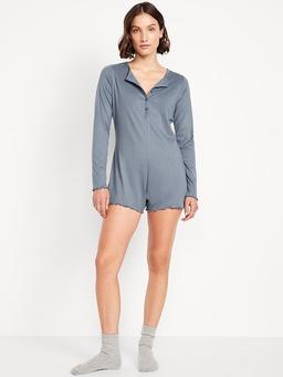 Long-Sleeve Pointelle Henley Pajama Romper